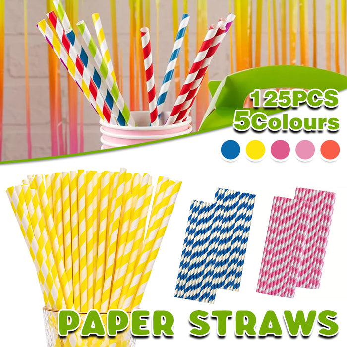 125pcs Biodegradable Paper Straws Mixed Stripe Colours