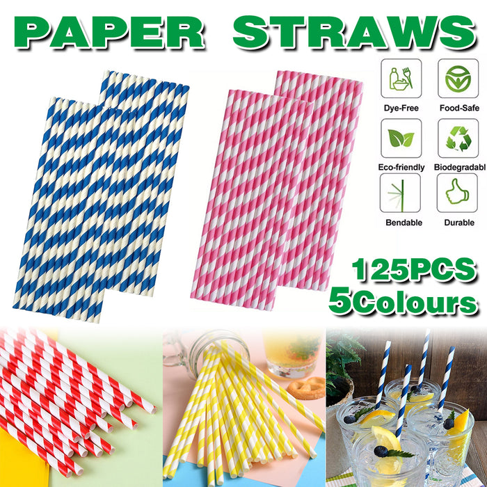 125pcs Biodegradable Paper Straws Mixed Stripe Colours