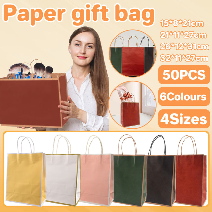 50 Pcs Kraft Paper Bags Reinforced Handles 4 Sizes 6 Colours Shopping Gift Bags
