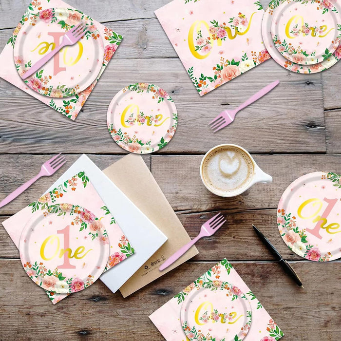 96 Pcs 1st Birthday Party Tableware Set Floral Pink Gold for 24 Guests