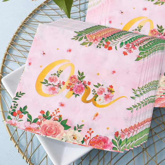 96 Pcs 1st Birthday Party Tableware Set Floral Pink Gold for 24 Guests