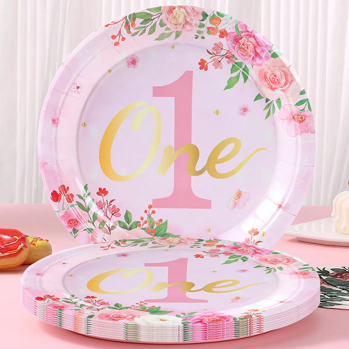 96 Pcs 1st Birthday Party Tableware Set Floral Pink Gold for 24 Guests