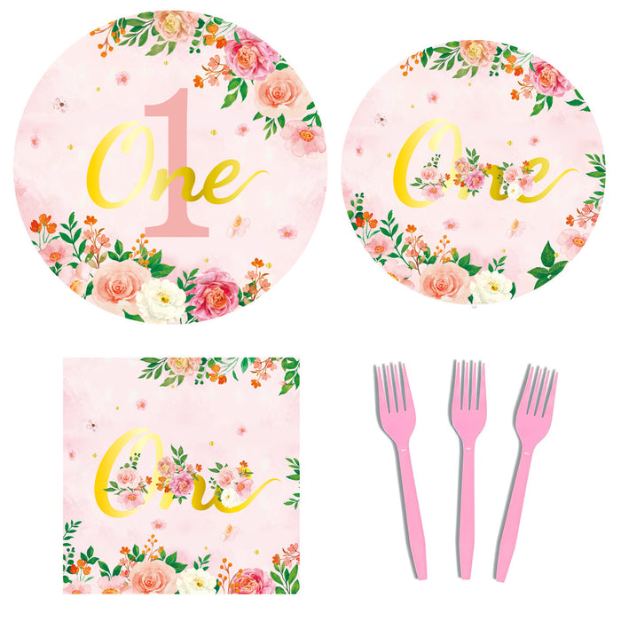 96 Pcs 1st Birthday Party Tableware Set Floral Pink Gold for 24 Guests