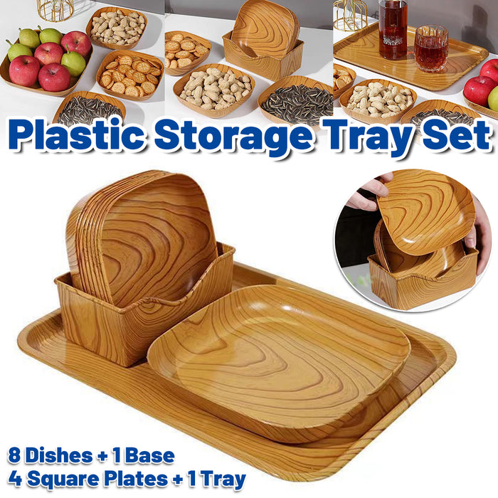 1 Set Wood Grain Plastic Storage Tray With Rounded Corners