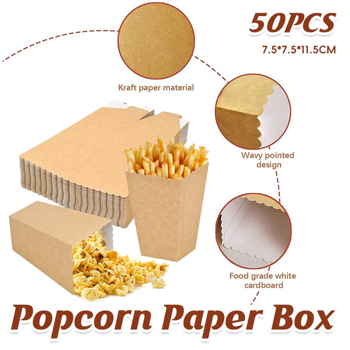 50 Pcs Food-Grade Kraft Paper Popcorn Boxes for Cinema and Party Snacks