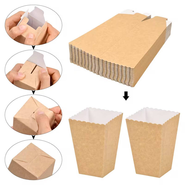 50 Pcs Food-Grade Kraft Paper Popcorn Boxes for Cinema and Party Snacks