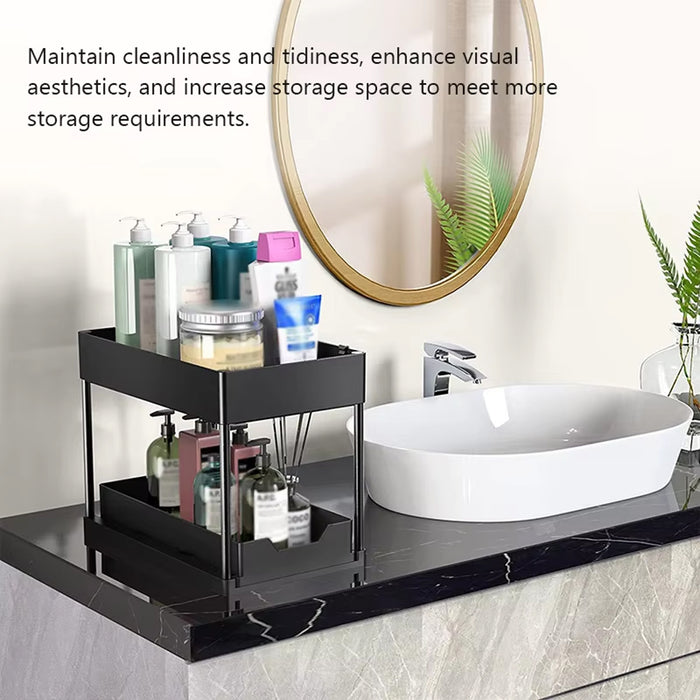 2 Tier Under Sink Organiser Pull-Out Rack with Hooks Cup