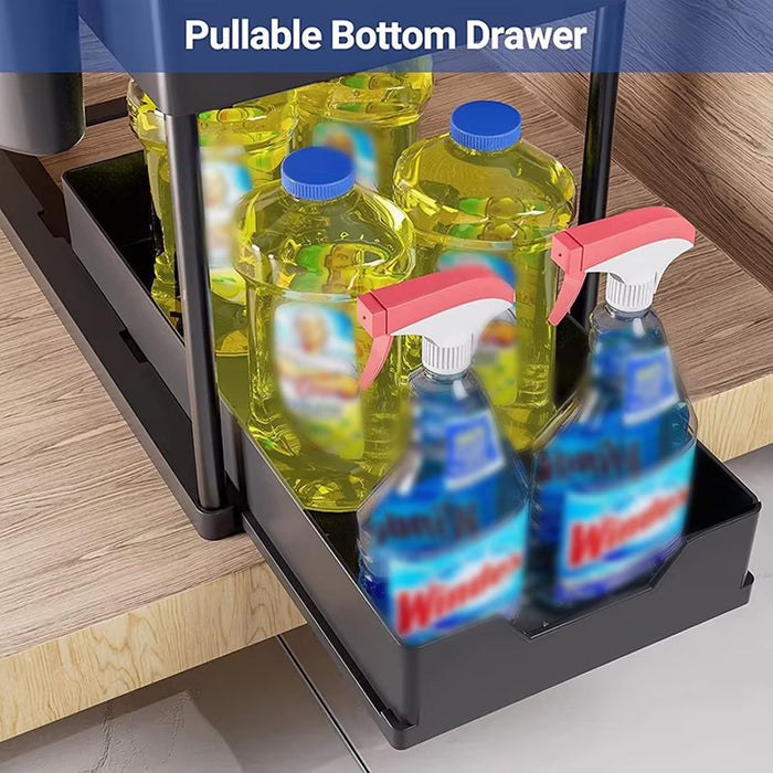 2 Tier Under Sink Organiser Pull-Out Rack with Hooks Cup