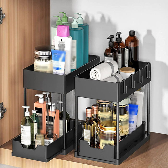 2 Tier Under Sink Organiser Pull-Out Rack with Hooks Cup