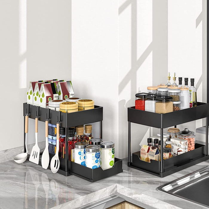 2 Tier Under Sink Organiser Pull-Out Rack with Hooks Cup