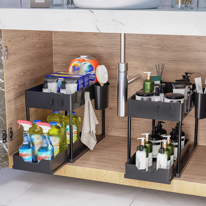 2 Tier Under Sink Organiser Pull-Out Rack with Hooks Cup
