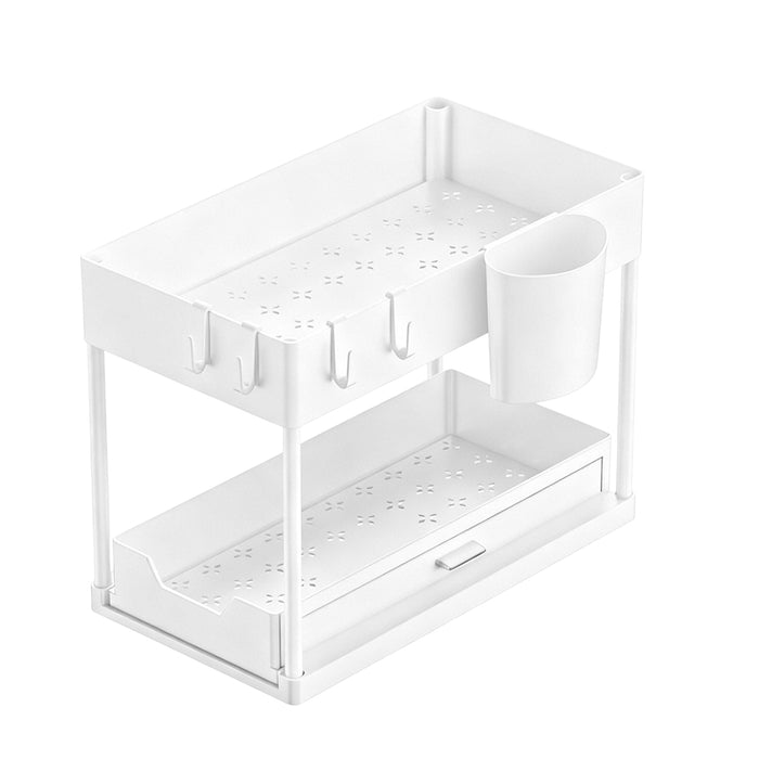 2 Tier Under Sink Organiser Pull-Out Rack with Hooks Cup