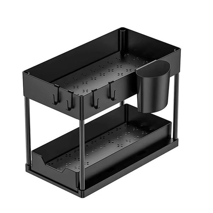 2 Tier Under Sink Organiser Pull-Out Rack with Hooks Cup