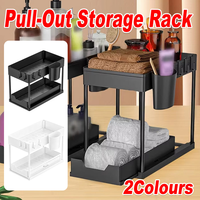 2 Tier Under Sink Organiser Pull-Out Rack with Hooks Cup