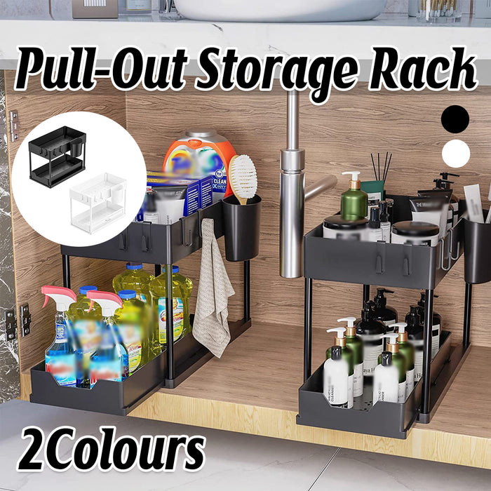 2 Tier Under Sink Organiser Pull-Out Rack with Hooks Cup