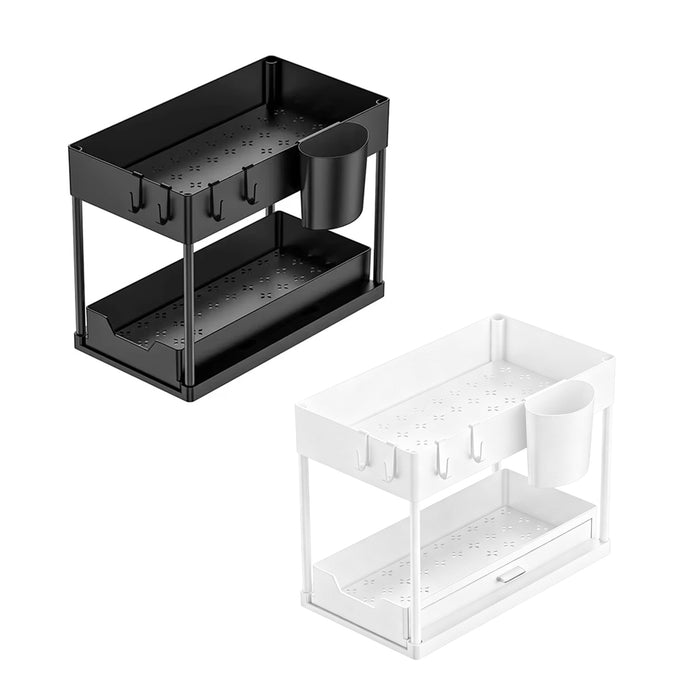 2 Tier Under Sink Organiser Pull-Out Rack with Hooks Cup