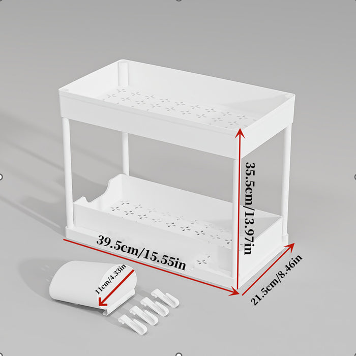2 Tier Under Sink Organiser Pull-Out Rack with Hooks Cup