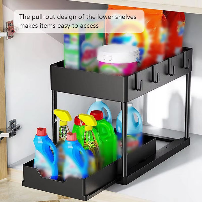 2 Tier Under Sink Organiser Pull-Out Rack with Hooks Cup