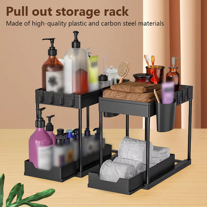 2 Tier Under Sink Organiser Pull-Out Rack with Hooks Cup