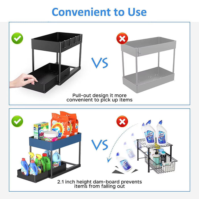 2 Tier Under Sink Organiser Pull-Out Rack with Hooks Cup