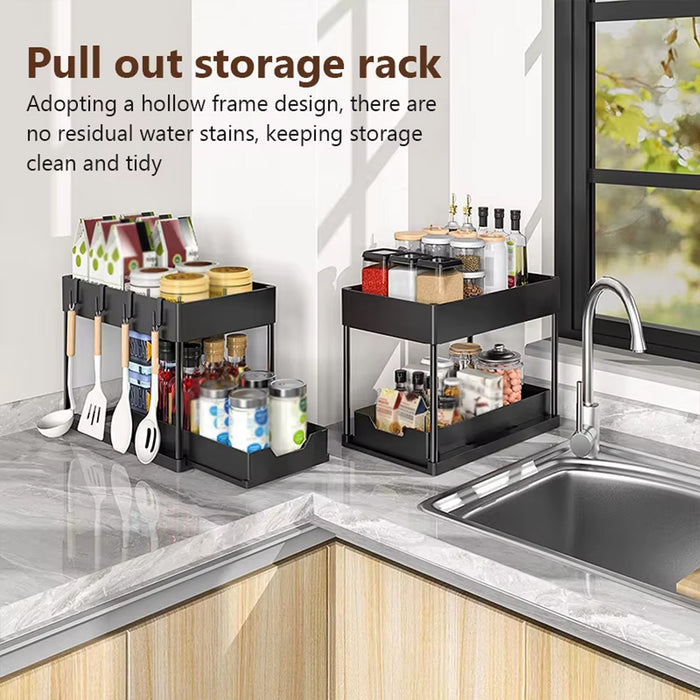 2 Tier Under Sink Organiser Pull-Out Rack with Hooks Cup
