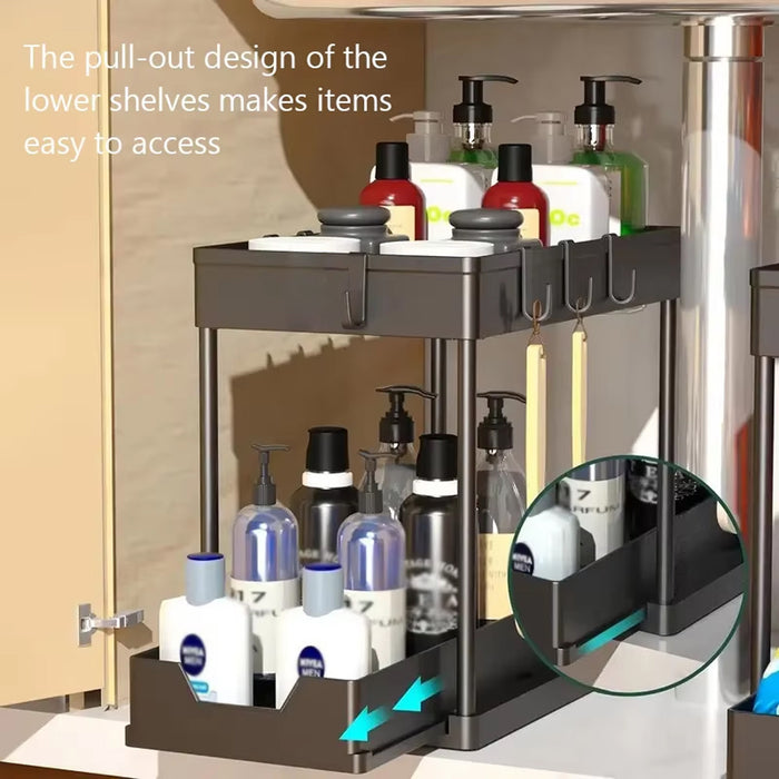 2 Tier Under Sink Organiser Pull-Out Rack with Hooks Cup