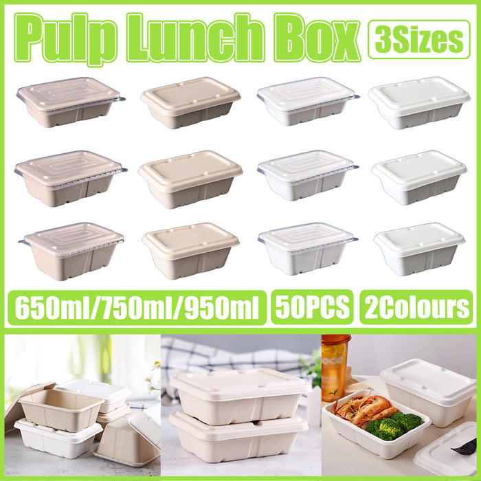 50 Pcs Square Biodegradable Pulp Lunch Boxes Leak-Proof Microwave Freezer Safe 650-950 ml