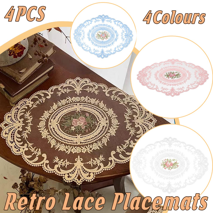 4 Pack Retro Lace Oval Placemats 31x42cm Polyester