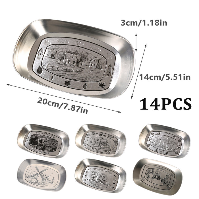 14 Pcs Vintage Tin Plates Retro Embossed Serving Tray Set 20 x 14 cm 7 Designs