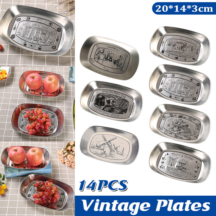 14 Pcs Vintage Tin Plates Retro Embossed Serving Tray Set 20 x 14 cm 7 Designs