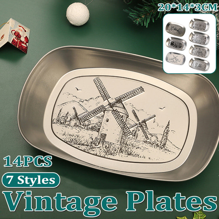 14 Pcs Vintage Tin Plates Retro Embossed Serving Tray Set 20 x 14 cm 7 Designs