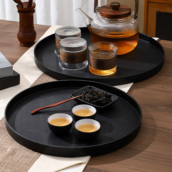 5 Pcs Round Imitation Wood Grain Serving Tray Black 2 Sizes 30 and 35 cm
