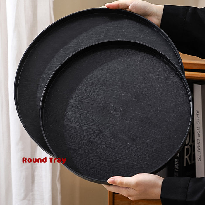 5 Pcs Round Imitation Wood Grain Serving Tray Black 2 Sizes 30 and 35 cm