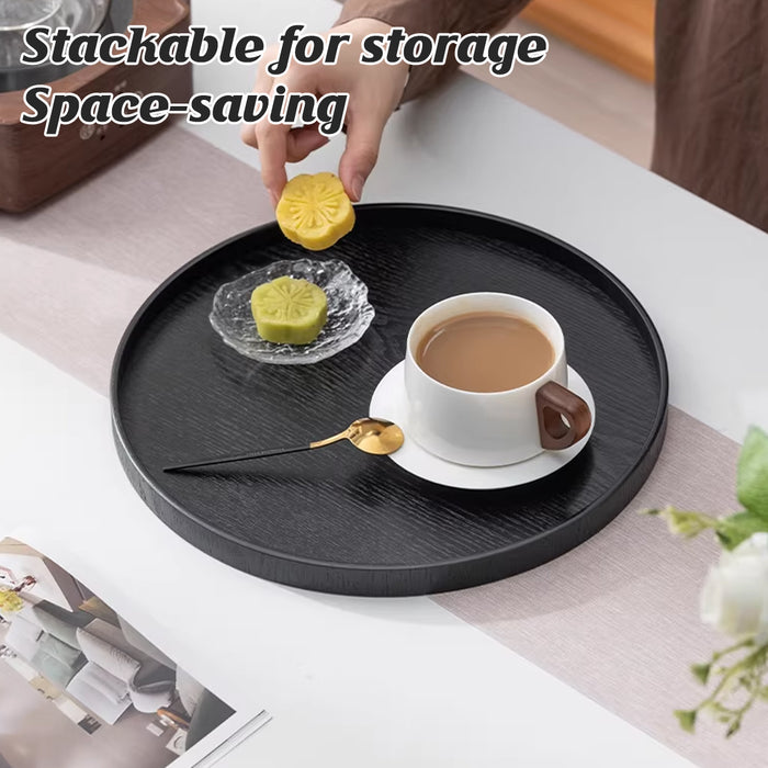 5 Pcs Round Imitation Wood Grain Serving Tray Black 2 Sizes 30 and 35 cm