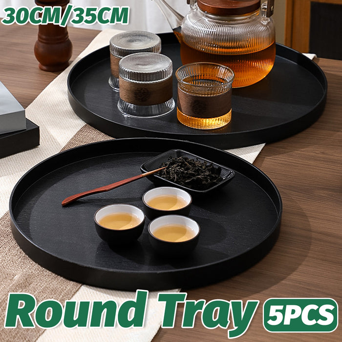 5 Pcs Round Imitation Wood Grain Serving Tray Black 2 Sizes 30 and 35 cm