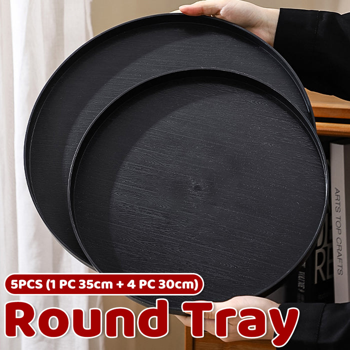 5 Pcs Round Imitation Wood Grain Serving Tray Black 2 Sizes 30 and 35 cm