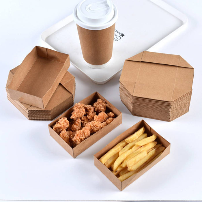 50 Pcs Disposable Kraft Paper Food Tray Boxes Leak-Proof Open Tray 12.5 x 7.5 x 3.3 cm