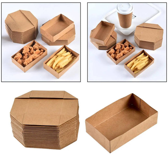 50 Pcs Disposable Kraft Paper Food Tray Boxes Leak-Proof Open Tray 12.5 x 7.5 x 3.3 cm