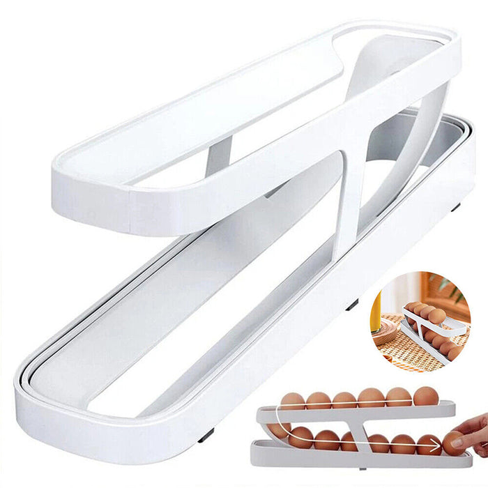 2-Tier Automatic Egg Dispenser Plastic Rolling Egg Organizer, 36×10×8.2cm