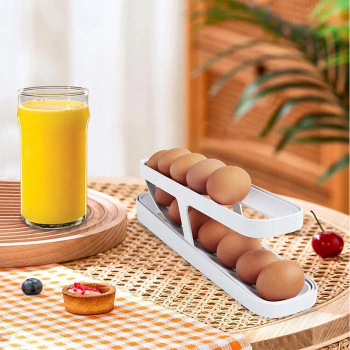 2-Tier Automatic Egg Dispenser Plastic Rolling Egg Organizer, 36×10×8.2cm