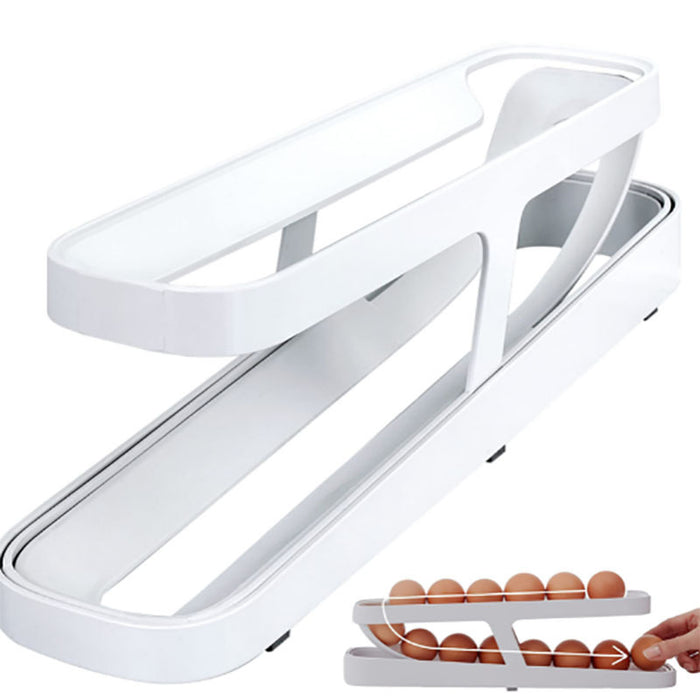 2-Tier Automatic Egg Dispenser Plastic Rolling Egg Organizer, 36×10×8.2cm