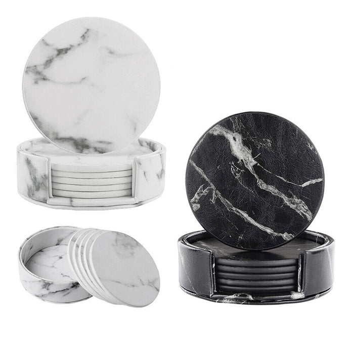 PU Leather Coaster Set with Holder Marble White and Black, 6pcs