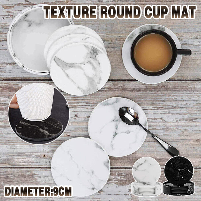 PU Leather Coaster Set with Holder Marble White and Black, 6pcs