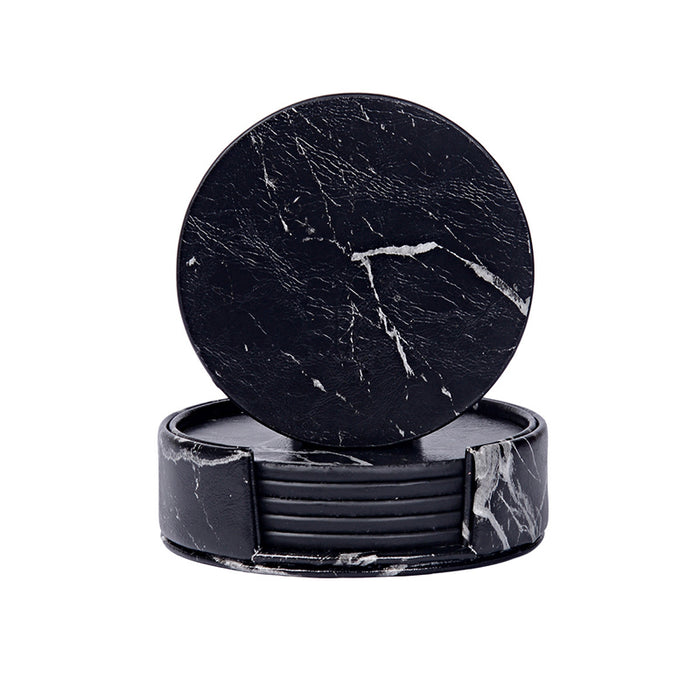 PU Leather Coaster Set with Holder Marble White and Black, 6pcs