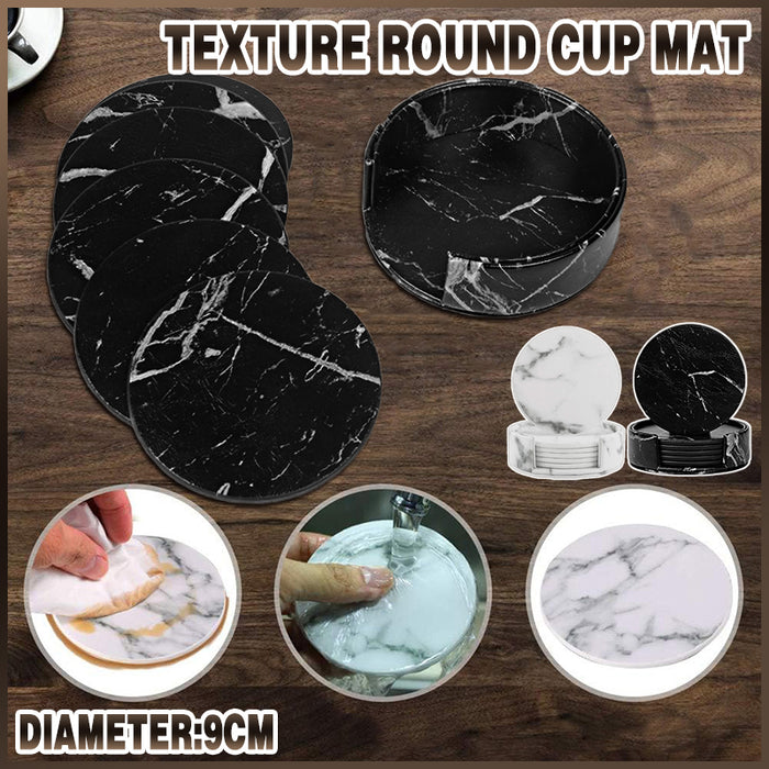 PU Leather Coaster Set with Holder Marble White and Black, 6pcs
