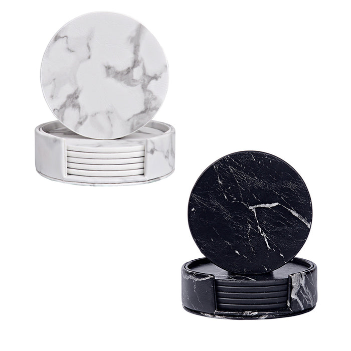 PU Leather Coaster Set with Holder Marble White and Black, 6pcs
