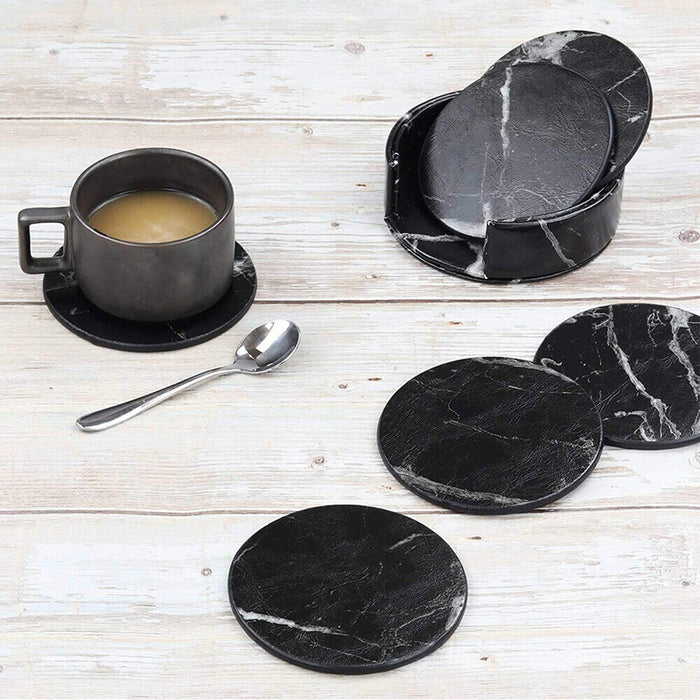 PU Leather Coaster Set with Holder Marble White and Black, 6pcs