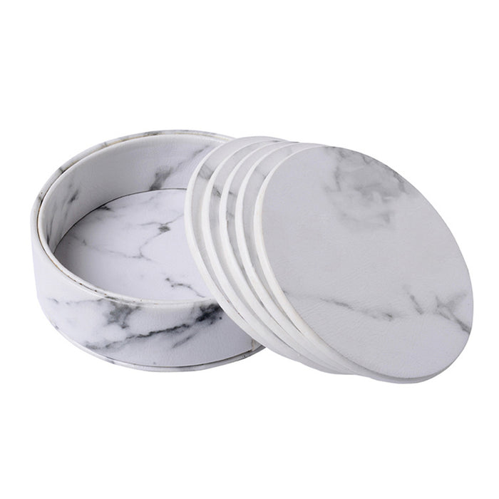 PU Leather Coaster Set with Holder Marble White and Black, 6pcs