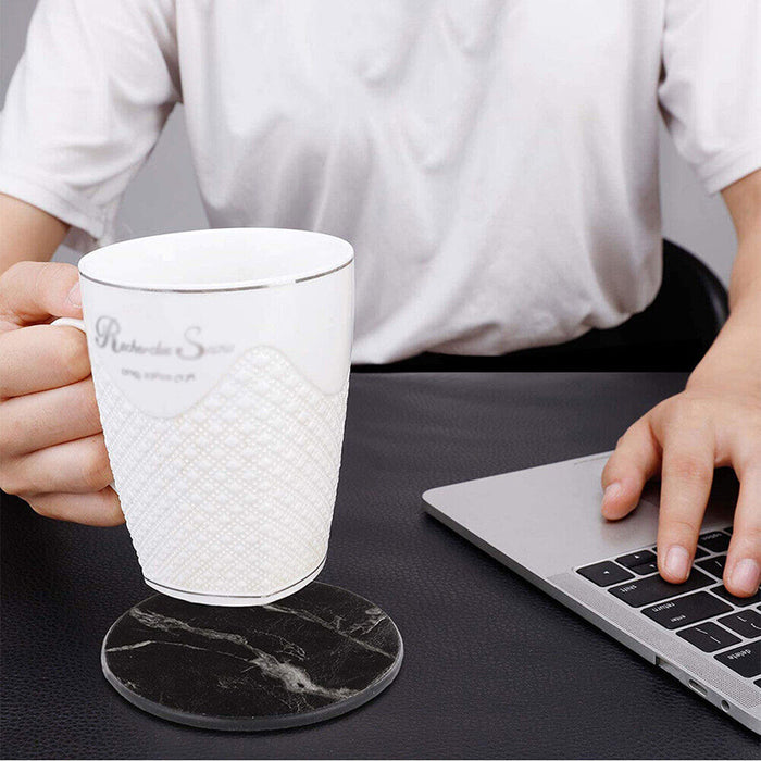 PU Leather Coaster Set with Holder Marble White and Black, 6pcs