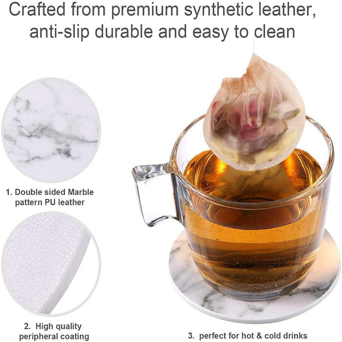 PU Leather Coaster Set with Holder Marble White and Black, 6pcs